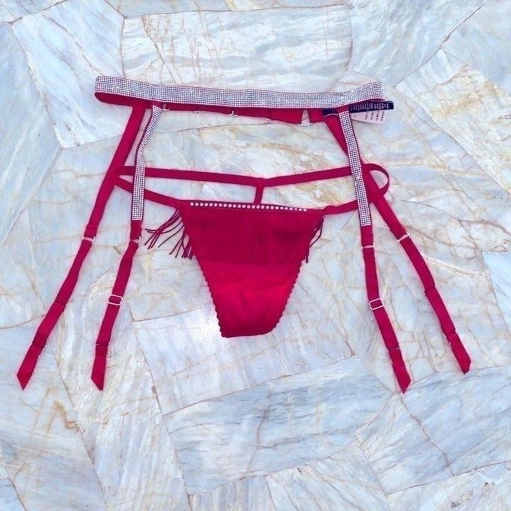2 Pc Set: Medium Thong + XS/S Bombshell Shine Strap Garter Belt Crystal Band